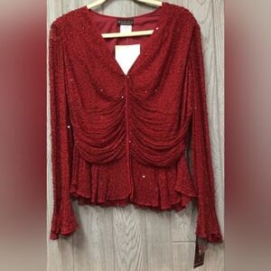 NWT MARINA Elegant Red Silk Sequined Blouse/Long Sleeve Ruched Top, Sz 6! 🍁